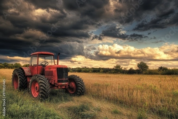 Obraz Red tractor dramatic clouds in field