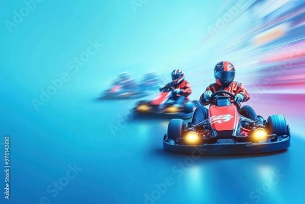 Fototapeta Three kart riders race indoors on blue background Fast cart racing with speed banner and copy space