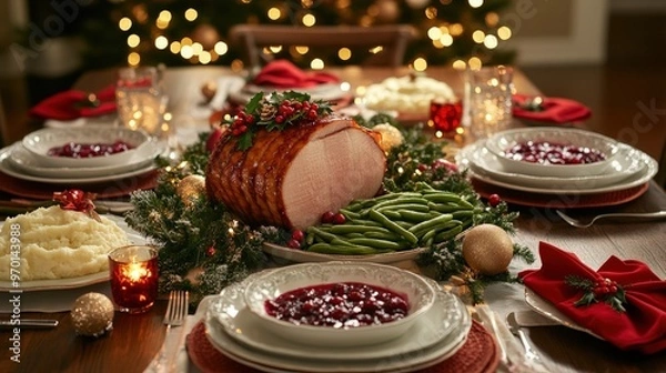 Obraz Festive Christmas Dinner Table Setting with Glazed Ham and Holiday Decor