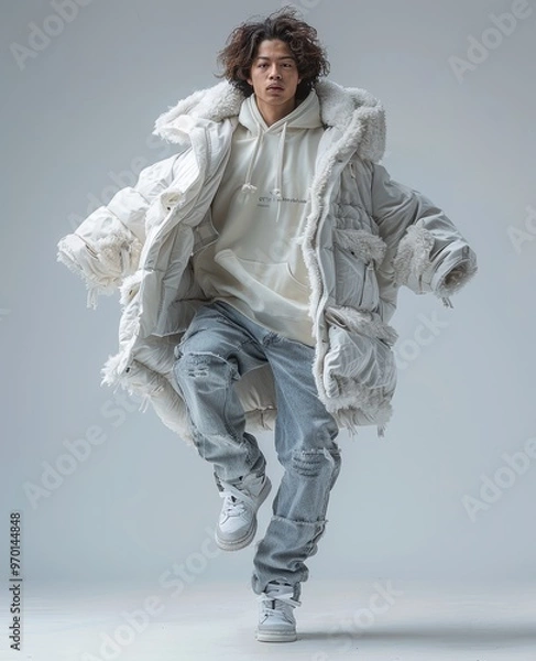 Fototapeta Dynamic fashion shot of a model mid-jump, wearing an oversized white puffer coat, ripped jeans, and white sneakers