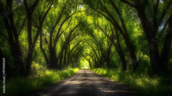 Fototapeta A path through a tunnel of green trees.