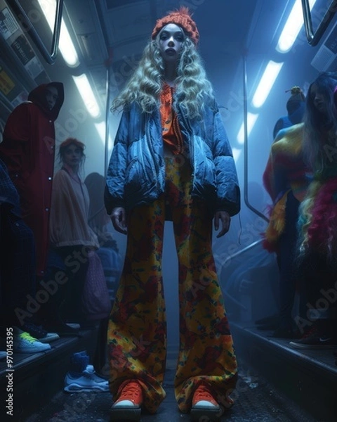 Fototapeta fashion photo of model in oversized jacket and wide pants, on the subway train