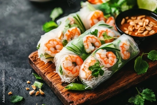 Fototapeta Vietnamese shrimp spring rolls with peanut sauce Healthy summer appetizer