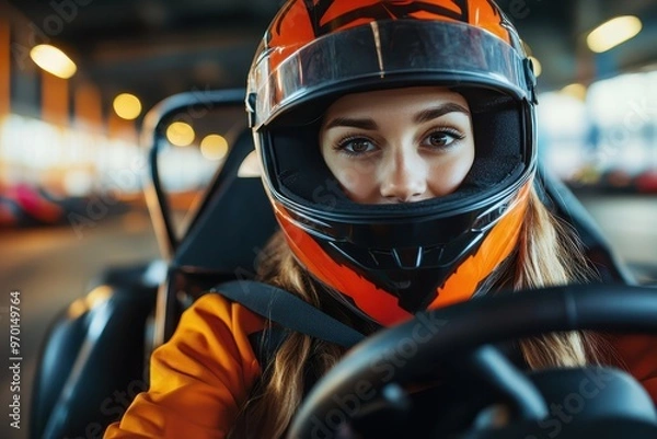Fototapeta Young female driving go kart at indoor sports club