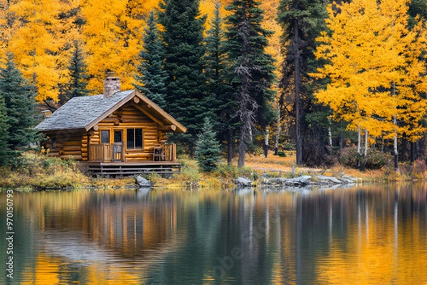 Fototapeta Rustic log cabin on a lake in autumn with yellow trees reflected in the water.