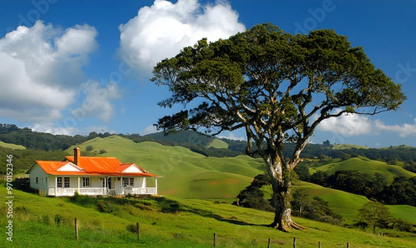 Fototapeta White cottage nestled in green rolling hills with a large tree in the foreground.