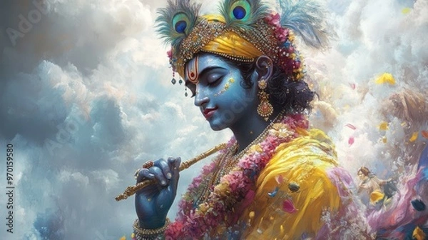 Fototapeta Realistic illustration for vishu with a young lord krishna holding a flute with marigold flowers.