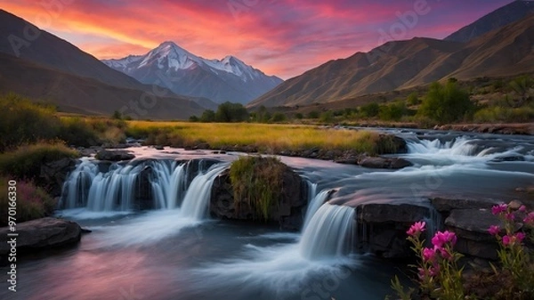 Fototapeta Landscape illustration featuring a serene waterfall cascading over rocks in the foreground.
