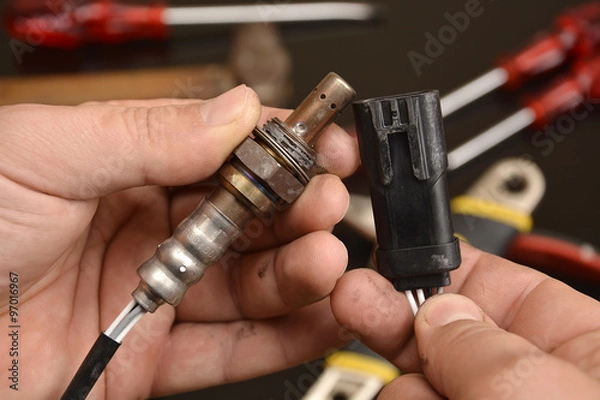 Obraz mechanic shows oxygen sensor  and connector