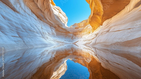 Fototapeta Serene Hidden Canyon with Crystal-Clear Water Flowing Between Smooth Ivory Rock Formations and Reflecting Blue Sky