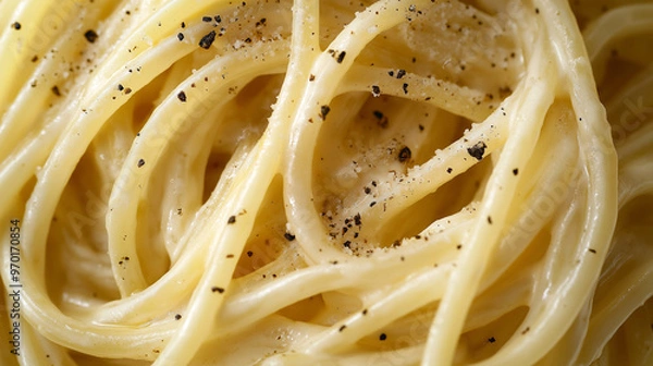 Fototapeta a close-up, top-down view of cacio e pepe, filling the entire frame with the focus on the pasta's intricate details