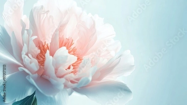 Obraz Beautiful close-up of a peony blossom in full bloom, with soft, delicate petals and a white-light blue background