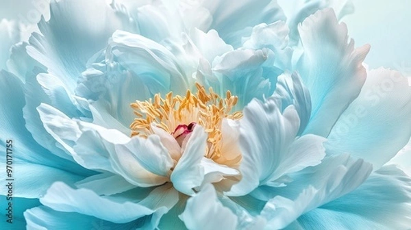Obraz Beautiful peony blossom captured in macro photography, showcasing intricate petals against a soft white-light blue background for a stunning floral look