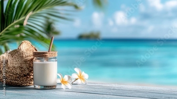 Obraz A refreshing tropical drink in a jar with a straw, placed on a white wooden table by the ocean. A straw hat and white plumeria flowers are also in view, enhancing the relaxation theme.