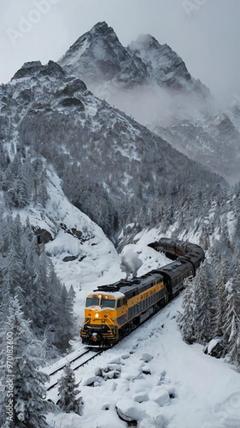 Fototapeta Snow-Covered Train Journey Through Icy Mountains, Winter Adventure on a Mountain Railroad