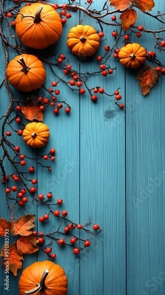 Fototapeta top view of autumn pumpkins on wooden background