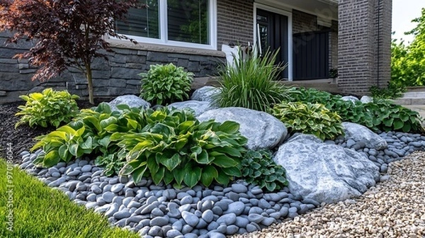 Fototapeta Low maintenance front garden landscaping features decorative armour stone and river rock no lawn and easy care perennial hosta and ornamental grasses for colour and texture : Generative AI