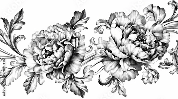 Fototapeta Rose peony carnation flowers in a baroque frame border ornament. engraved leaf scroll modern retro pattern. filigree design of decorative tattoo. Baroque. Illustration