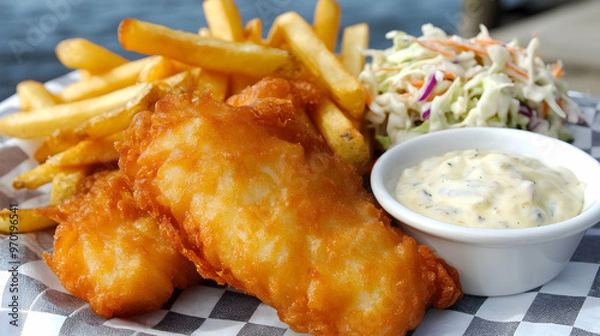 Fototapeta A close-up shot of crispy battered fish and chips served with a side of tartar sauce and coleslaw, on a checkered tablecloth by a fishing dock