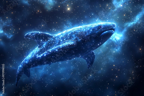 Fototapeta Magical space whales depicted in wireframe style, swimming through space among stars, blending fantasy and sci-fi with a surreal, celestial aesthetic.	
