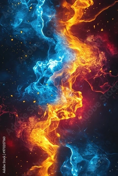 Fototapeta Line art depiction of fire and ice plasma featuring an energetic background with electric lightning elements