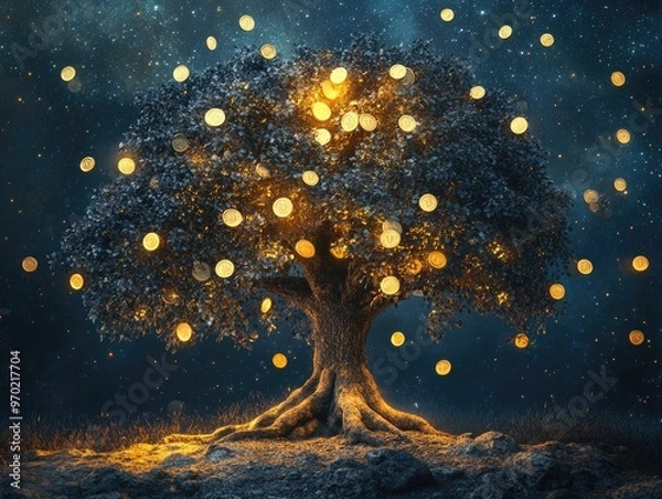 Fototapeta Fantasy tree adorned with magical coins representing the concept of financial investment