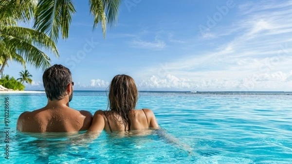 Fototapeta A man and woman are in the ocean, enjoying the water and each other's company