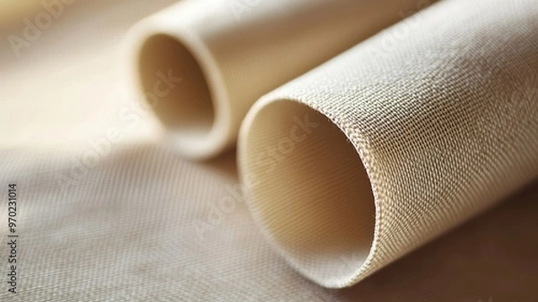 Obraz Close-up of rolled beige fabric with textured surface, textile material concept