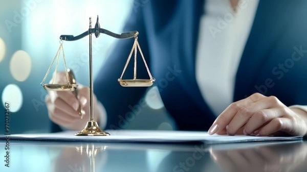 Fototapeta A woman is sitting at a desk with a scale in front of her