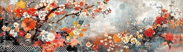 Fototapeta Exquisite floral collage banner featuring a diverse array of patterns and textures, reminiscent of traditional Japanese kimono fabrics, ideal for decorative or textile applications.