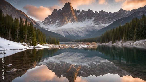 Obraz serene mountain landscape, crystal-clear lake, lake reflecting mountains, snow-covered peaks, mountain scenery, tranquil nature, peaceful mountains, alpine landscape, lake reflection, scenic mountain 