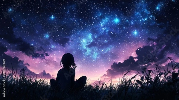 Fototapeta Anime girl sitting calmly beneath a twilight sky, with a dazzling tapestry of stars and the infinite cosmos creating a tranquil, celestial backdrop.