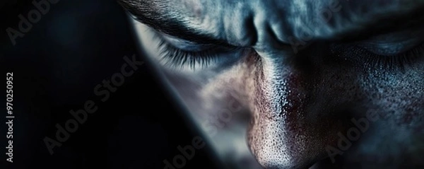 Fototapeta Close-up of a textured face showing intense emotion and focus, highlighting features in dramatic lighting.