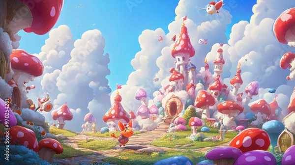 Fototapeta A whimsical landscape featuring colorful mushroom houses under bright blue sky. scene is filled with fluffy clouds and playful birds, creating cheerful atmosphere