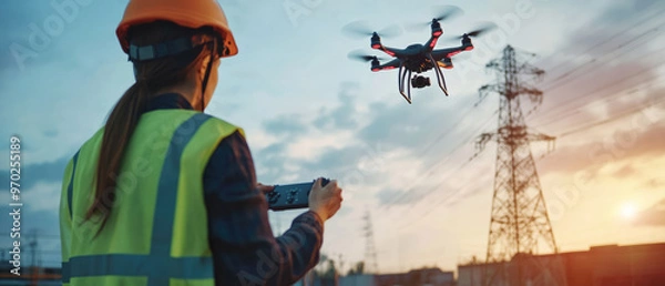 Obraz A woman in a safety vest is controlling a drone. The drone is flying over a power line