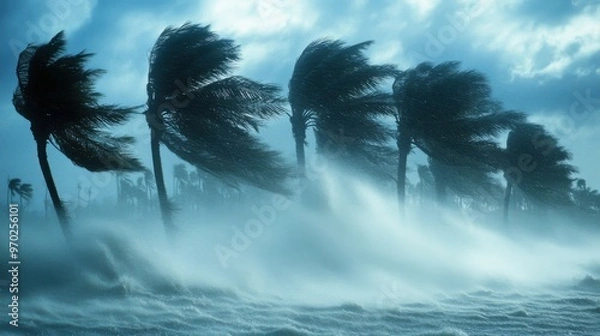 Fototapeta A stormy sea with five tall palm trees being blown over by the strong winds
