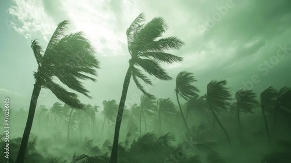 Fototapeta A storm is blowing through a forest of palm trees