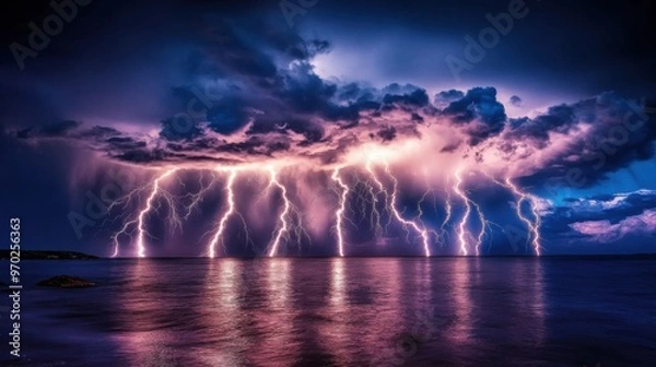 Fototapeta A stormy sky with a large number of lightning bolts