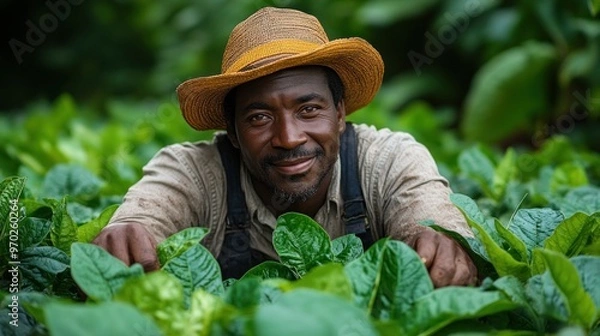 Fototapeta Smiling Farmer in Lush Green Fields