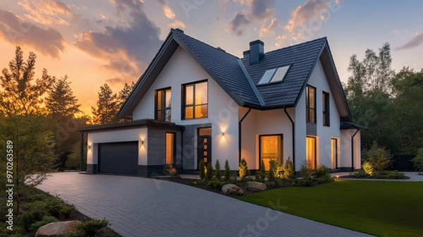 Obraz 白い壁のおしゃれな新築一戸建て住宅 ワイド