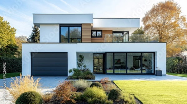 Obraz 白い壁のおしゃれな新築一戸建て住宅 ワイド