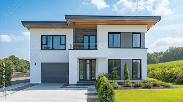 Obraz 白い壁のおしゃれな新築一戸建て住宅 ワイド