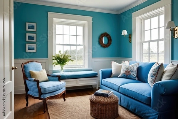 Fototapeta Charming Cottage Decor with Ocean Blue Sofa and Timeless Armchair for a Welcoming Atmosphere