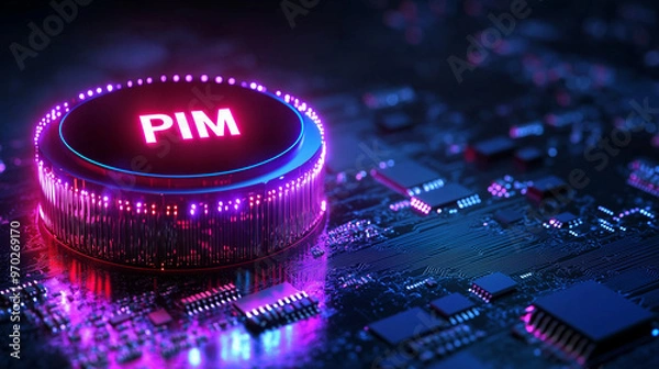 Obraz "PIM" letters glowing on dark background. Image of stacked Processing in memory memory chips.