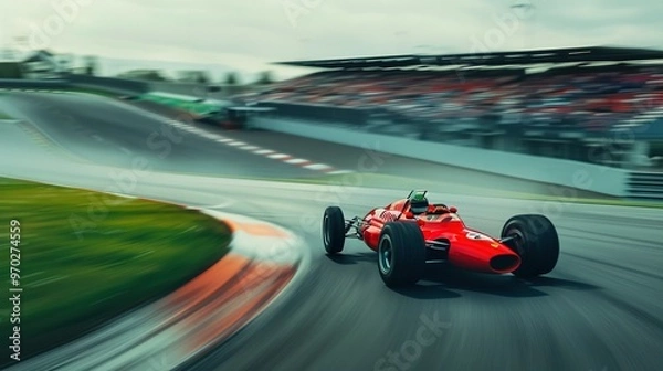 Fototapeta Winding Racetrack: Dynamic Shot of Driver Racing a Red Formula One Car with Grandstands in the Background Blurring from Motion
