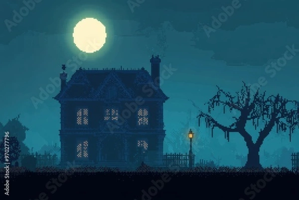 Fototapeta Haunted 16-Bit Mansion with Pixel Ghosts and Copy Space for Retro Video Game Backgrounds