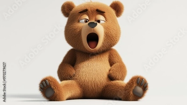 Fototapeta A cute cartoon bear sitting down, yawning, conveying a sense of relaxation and playfulness.