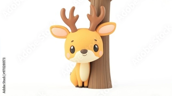 Obraz A cute cartoon deer with antlers peeking from behind a tree, showcasing a playful design.