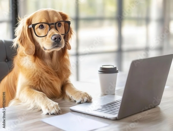 Obraz A cute golden retriever puppy wearing oversized glasses sits at a desk with a laptop and coffee cup