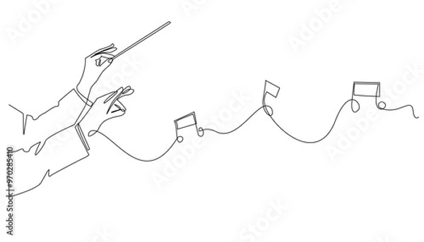 Obraz continuous line drawing of orchestra conductor.single line drawing of orchestra leader's hand holding baton.single line drawing of conductor directing music instruments.